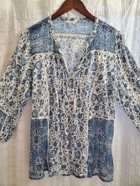 Lucky Brand Blue & Cream Floral Patchwork Peasant Blouse